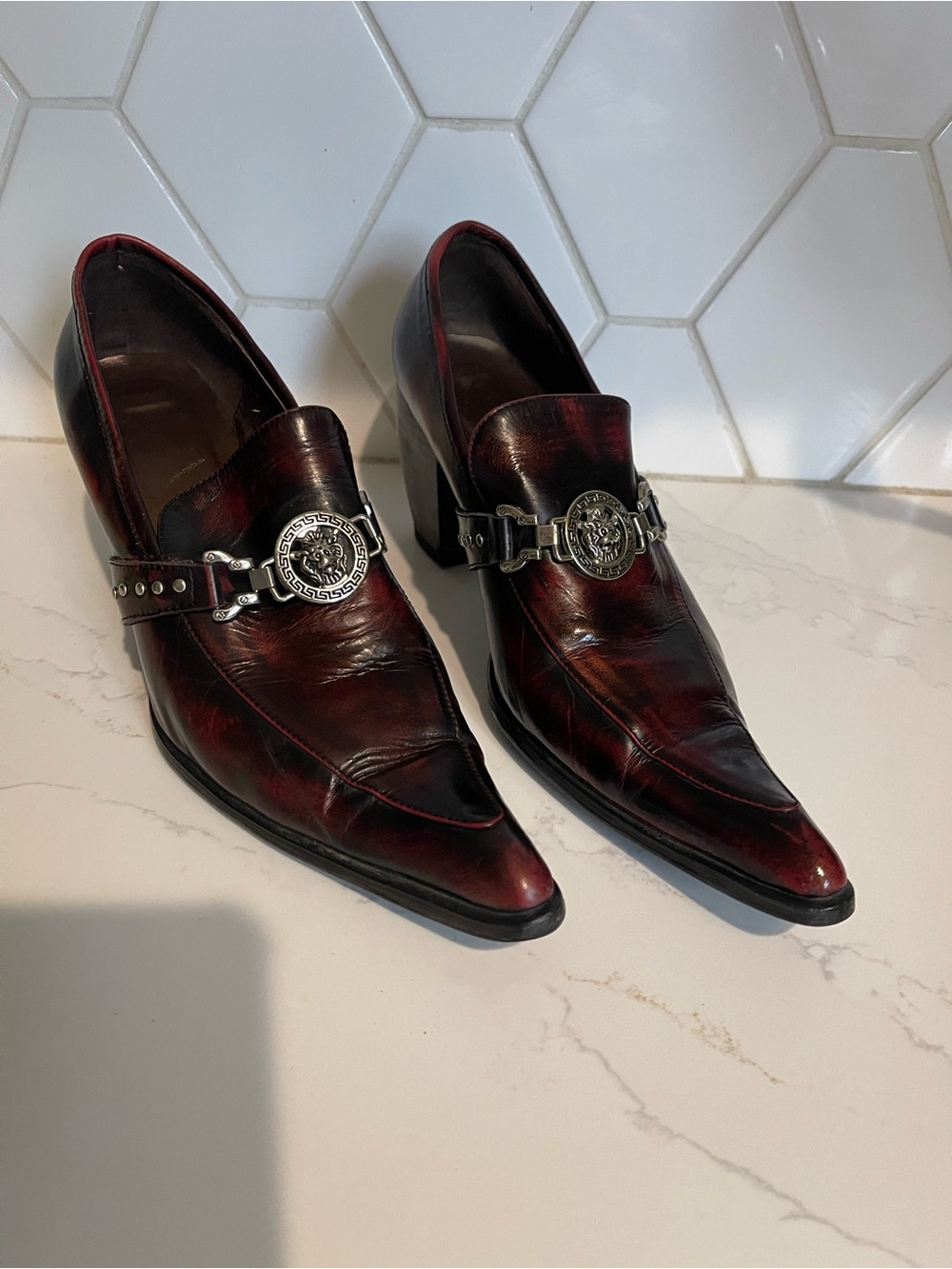 Versace Burgundy Leather Heeled Loafers with Medallion Hardware